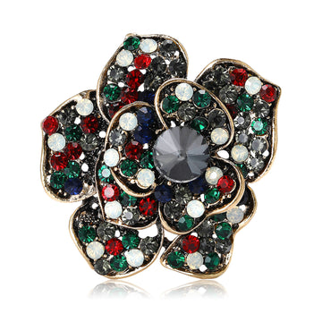 Layered Flower Brooch With Multicolor Round Crystals and Gray Center