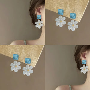 Blue Square And White Daisy Flower Drop Stud Earrings