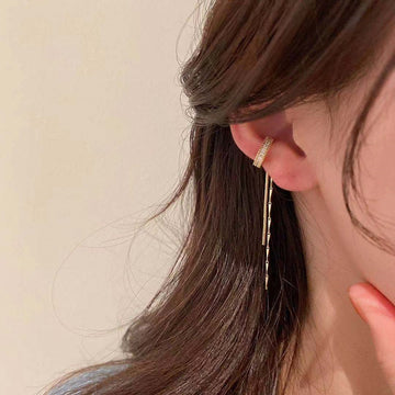 Crystal Cuff Earrings with Fine Chain Drops in Two Tones