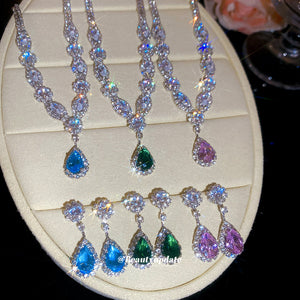 Silver Rhinestone Teardrop Pendant Necklace Earring Sets