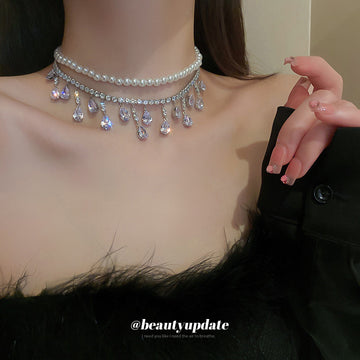 Silver Pearl Rhinestone Double Layer Teardrop Fringe Necklace