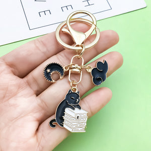 Enamel Cat Keychains with Music, Hearts, and Gold-Tone Clasps