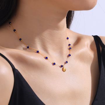 Gold Shell Pendant Set Blue Crystal Beads Necklace Bracelet