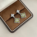 Elegant Olive Green Rhinestone Diamond Clover Pearl Stud Dangle Silver Needle Alloy Earrings view 4