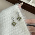 Elegant Olive Green Rhinestone Diamond Clover Pearl Stud Dangle Silver Needle Alloy Earrings view 2