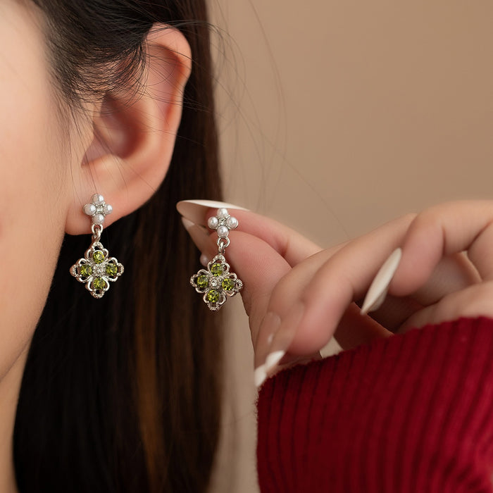 Elegant Olive Green Rhinestone Diamond Clover Pearl Stud Dangle Silver Needle Alloy Earrings