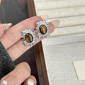 Vintage Sunflower Geometric Alloy Tiger Eye Stone Studs For Women Elegant Commuter Statement Earrings view 2