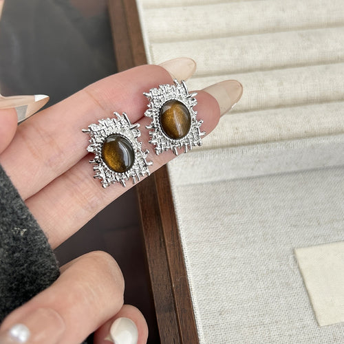 Vintage Sunflower Geometric Alloy Tiger Eye Stone Studs For Women Elegant Commuter Statement Earrings