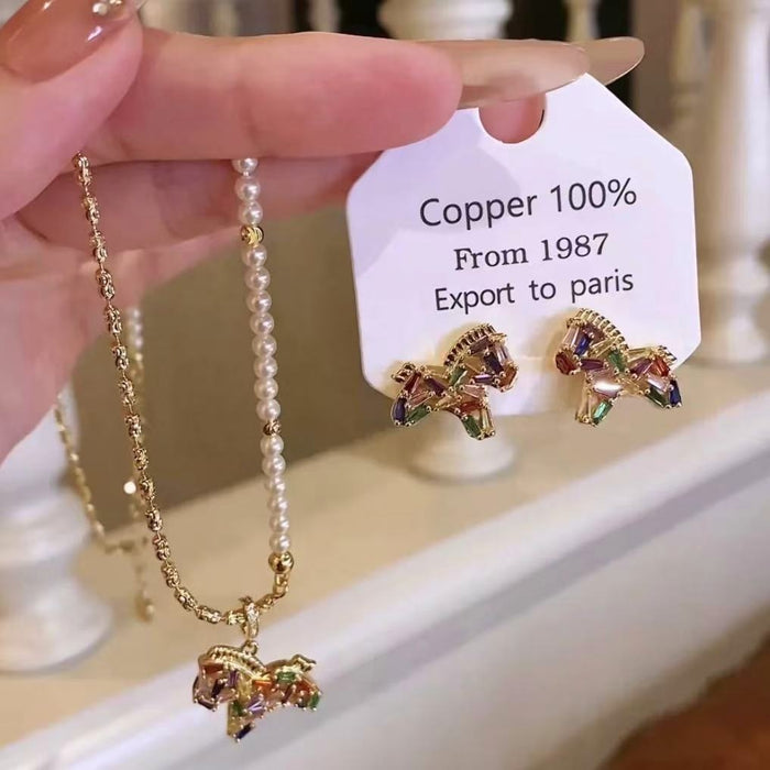 Real Gold Plated Little Horse Faux Pearl Necklace And Stud Earrings Jewelry Set For Women
