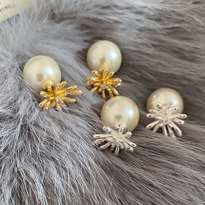 Gold Plated Zircon Pearl Firework Flower Stud Earrings With Sterling Silver Posts