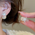 Gold Plated Zircon Pearl Firework Flower Stud Earrings With Sterling Silver Posts view 4