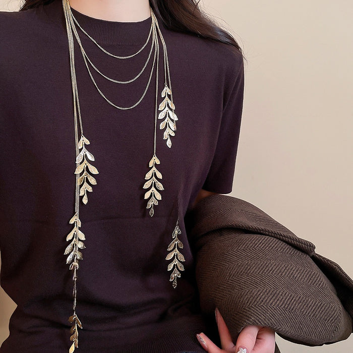 Light Luxury Alloy Leaf Layered Tassel Sweater Necklace With Minimalist Fashion Design