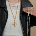 Vintage Cross Faux Pearl Geometric Sweater Necklace Light Luxury Minimalist Pendant view 1