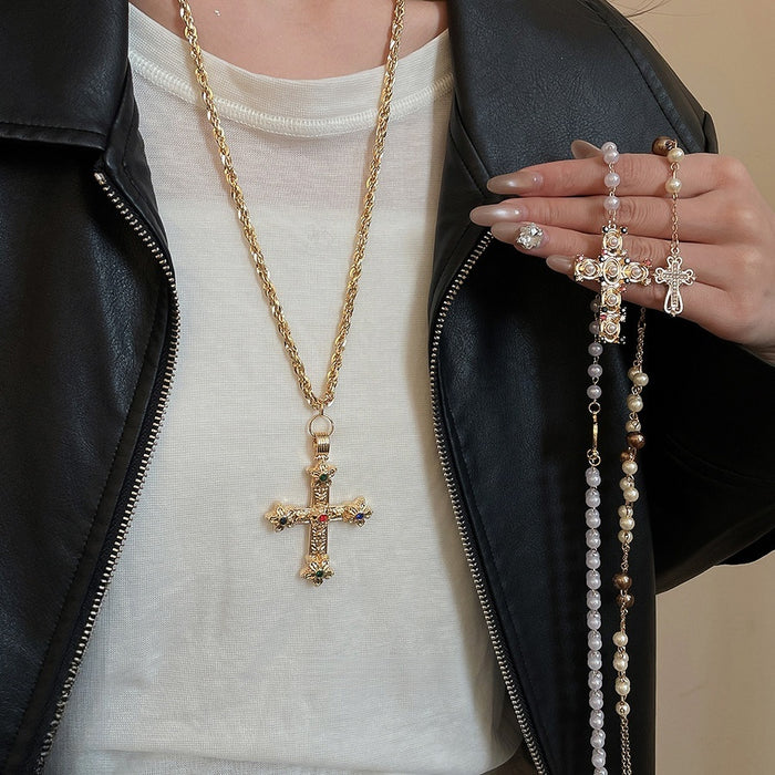 Vintage Cross Faux Pearl Geometric Sweater Necklace Light Luxury Minimalist Pendant