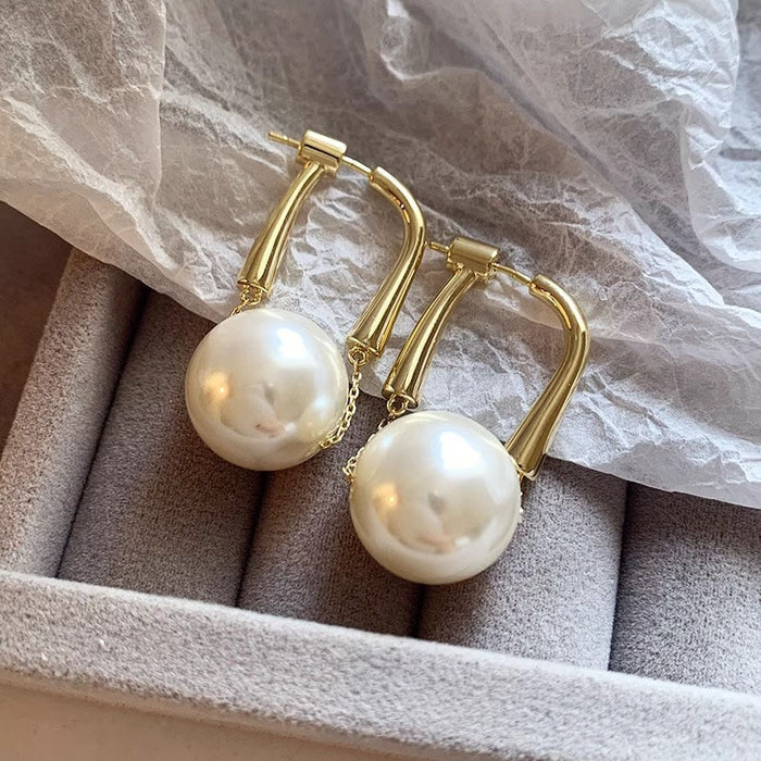 French Vintage Round Faux Pearl Stud Earrings, Light Luxury Elegant Geometric Jewelry For Women