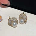 Gold Plated Zircon Leaf Faux Pearl Stud Earrings Vintage Chic Luxury Jewelry For Women view 1
