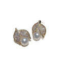 Gold Plated Zircon Leaf Faux Pearl Stud Earrings Vintage Chic Luxury Jewelry For Women view 5