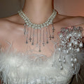 Light Luxury Court Style Faux Pearl Cross Tassel Necklace And Stud Earrings Jewelry Set view 3