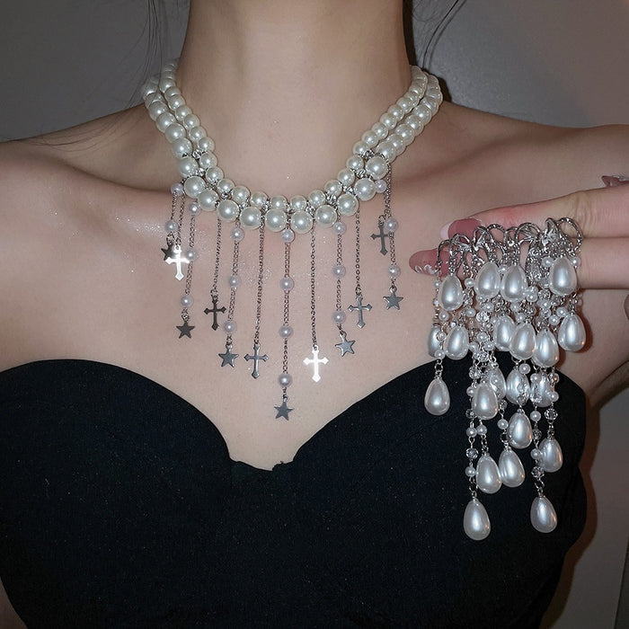 Light Luxury Court Style Faux Pearl Cross Tassel Necklace And Stud Earrings Jewelry Set