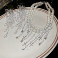 Light Luxury Court Style Faux Pearl Cross Tassel Necklace And Stud Earrings Jewelry Set view 4