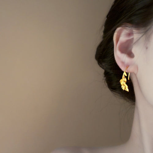 18K Gold Plated Copper Leaf Drop Earrings, Vintage Chinese Style Light Luxury Floral Ear Hooks