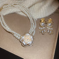 French Vintage Court Style Faux Pearl Multi Layer Flower Rhinestone Necklace Stud Earrings Jewelry Set view 4