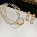 French Vintage Court Style Faux Pearl Multi Layer Flower Rhinestone Necklace Stud Earrings Jewelry Set view 2