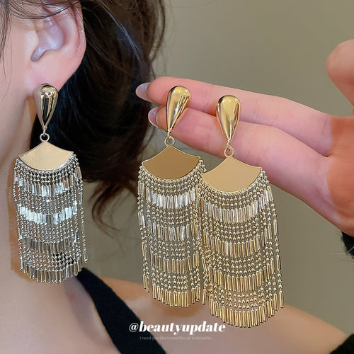 Metal Fan Tassel Drop Earrings With Silver Pins, Geometric Statement Light Luxury Style
