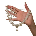 Faux Pearl Flower Stud Earrings Necklace Jewelry Set With Rhinestone Old Money Court Style view 5