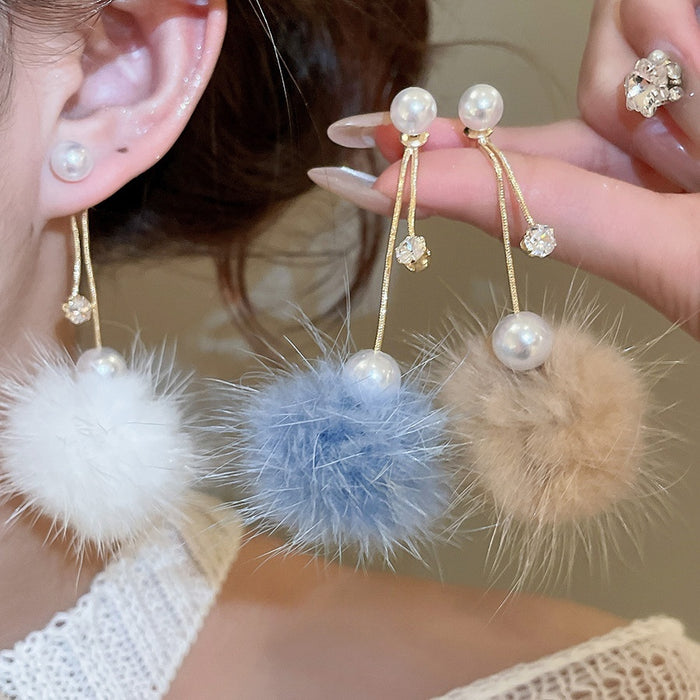 Gold Plated Silver Needle Zircon Faux Pearl Pom Pom Stud Earrings For Women Light Luxury Geometric Style