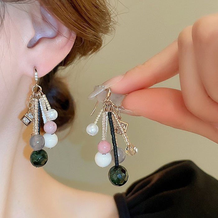 Geometric Square Zircon Agate Rice Bead Ear Hook Earrings, Light Luxury Ethnic Vintage Style
