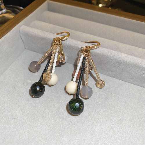 Geometric Square Zircon Agate Rice Bead Ear Hook Earrings, Light Luxury Ethnic Vintage Style