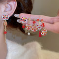 Chinese Style Alloy Enamel Lion Dance Tassel Drop Earrings With Silver Needle Studs view 2