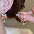 Chinese Style Alloy Enamel Lion Dance Tassel Drop Earrings With Silver Needle Studs view 4