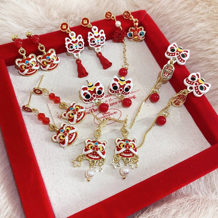 Chinese Style Alloy Enamel Lion Dance Tassel Drop Earrings With Silver Needle Studs