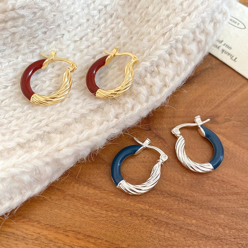 European American Style Metal Enamel Wrinkled Texture Round Geometric Earrings
