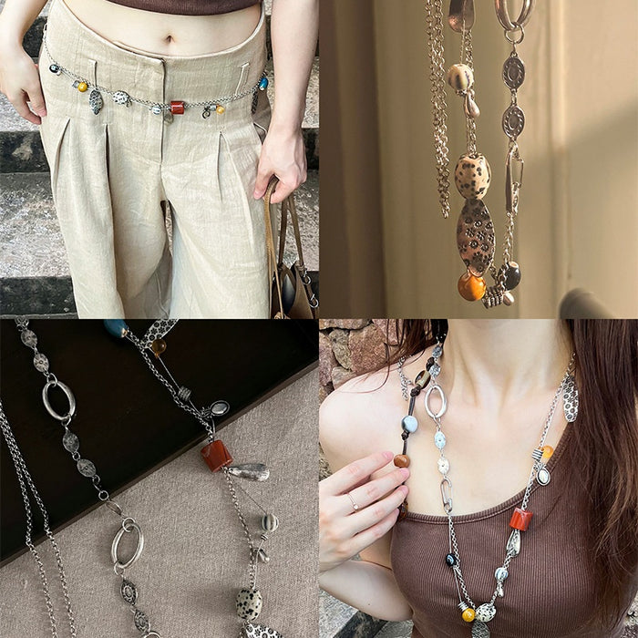 Iron Metal Ceramic Beaded Hollow Round Geometric Ethnic Vintage Sweater Necklace for Women