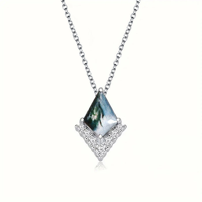 Women's New Chinese Style Faux Marble Necklace, Micro Pave Zircon Irregular Rhombus Pendant