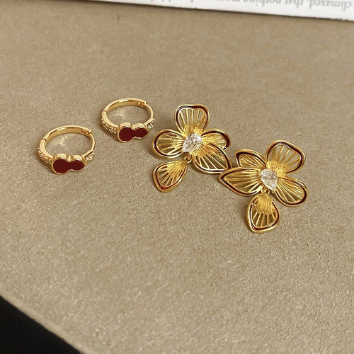 Gold Plated Copper Zircon Flower Gourd Drop Earrings With Silver Pins Chic Vintage Style