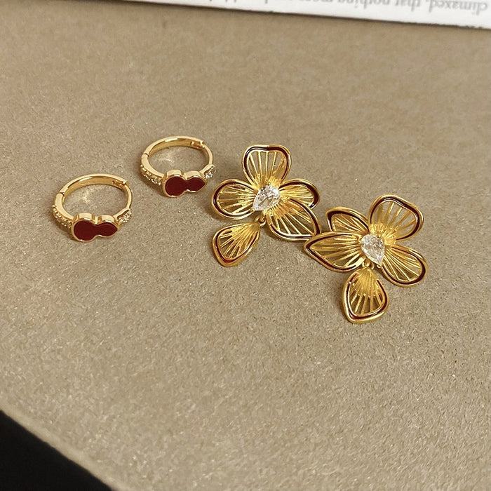 Gold Plated Copper Zircon Flower Gourd Drop Earrings With Silver Pins Chic Vintage Style