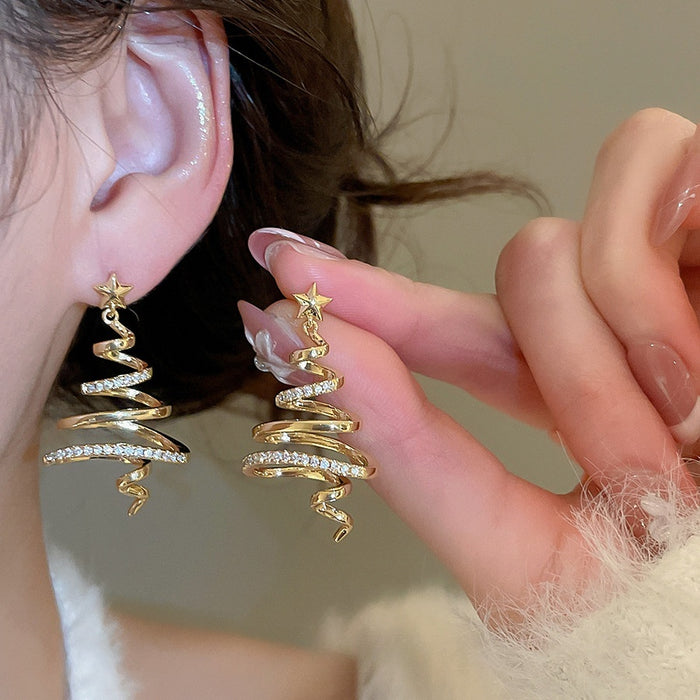 Gold Plated Copper Zircon Multi Layer Star Christmas Stud Earrings With Silver Posts