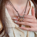 Light Luxury Copper Sweater Necklace With Wooden Star Horse Pendant, Vintage Chinese Style view 1