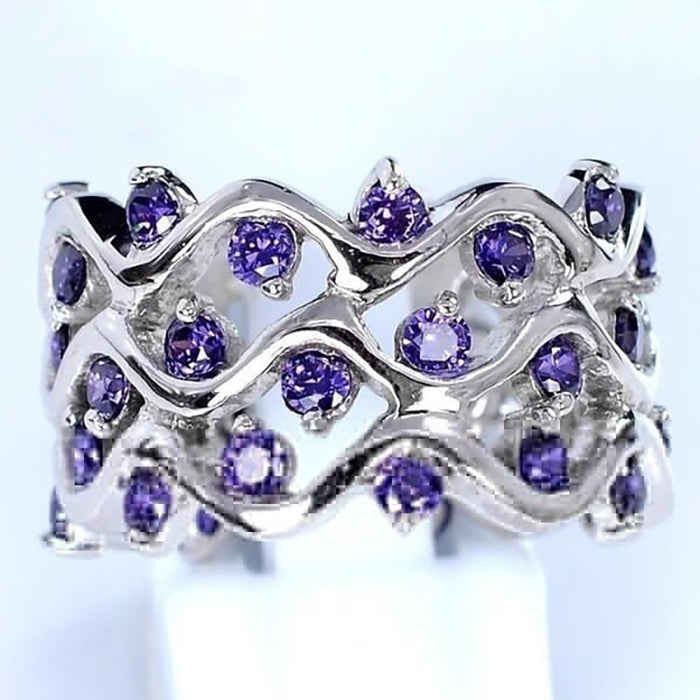 Elegant Purple Zircon Micro Pave Wavy Line Ring With Round Cluster Design For Women