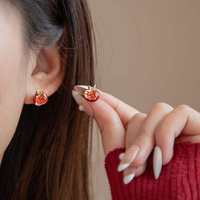 Elegant Red Pomegranate Rhinestone Enamel Studs Gold Tone Alloy Silver Needle Women's Fashion Earrings