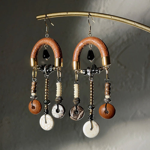 Ethnic Style Coconut Shell Wood Round Teardrop Tassel Drop Earrings For Women