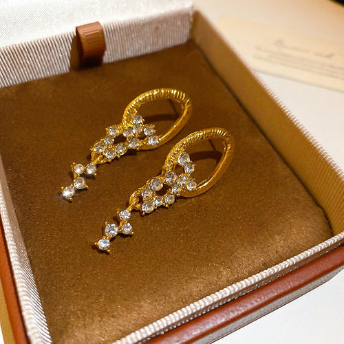 Light Luxury Alloy Oval Rhinestone Tassel Drop Earrings French Vintage Elegant Stud Style