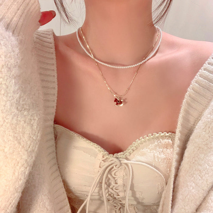 Light Luxury Gold Plated Enamel Horse Faux Pearl Sweater Necklace For Women