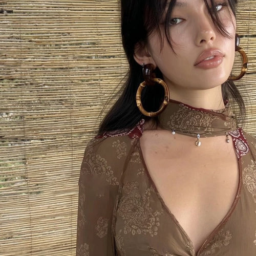 Ethnic Vintage Resin Bamboo Round Geometric Drop Earrings With Silver Needle Posts