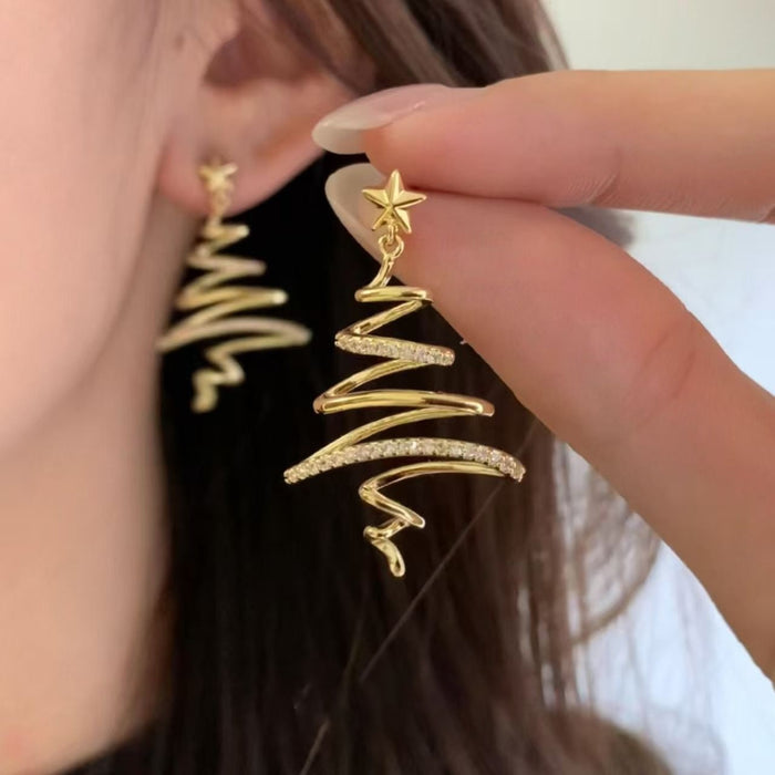 Gold Plated Copper Star Zircon Stud Earrings With Silver Posts, Light Luxury Christmas Jewelry