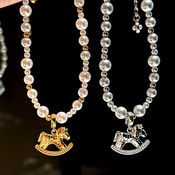 Gold Plated Horse Faux Pearl Sweater Necklace For Women Old Money Vintage Elegant Collarbone Chain